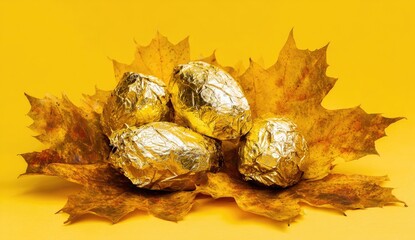 Group of silver-wrapped items nestled on a bed of fall-colored leaves