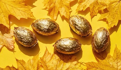 Overhead shot of golden foil wrapped treats nestled among autumn leaves on a yellow surface