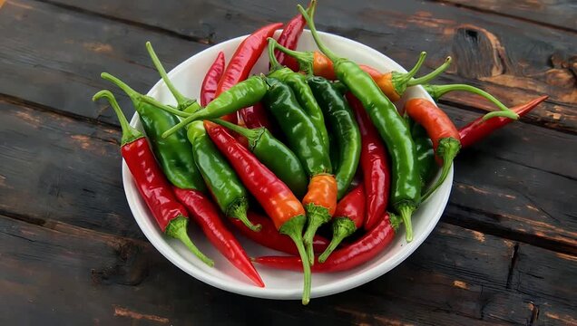 Cinematic 4K top down vertical video of red green hot chili peppers on dark vintage culinary background highlighting color contrast texture food styling 