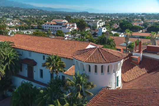 Aerial view of Santa Barbara County Courthouse with Spanish Colonial architecture and red tile roofs, California.