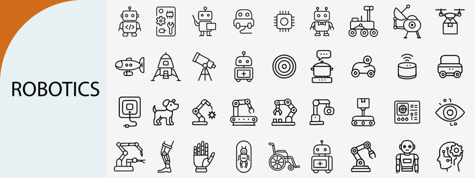 robotics and artificial intelligence outline icons, future technology vector set