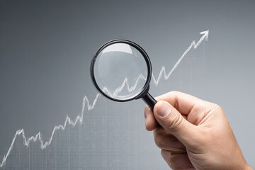 Hand holding magnifying glass over upward trending line graph, gray background