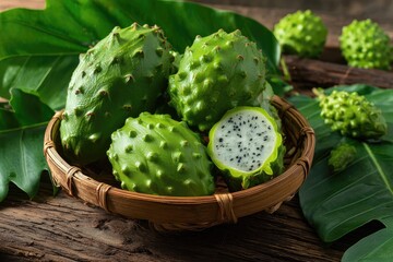 Green dragon fruits with spiky exteriors and white flesh in a woven basket