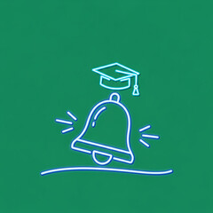 Graduation cap and ringing bell neon icon on green background