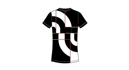 Modern Black T-Shirt with Bold Abstract White Arcs, Red Geometric Lines, and Subtle Beige Accents