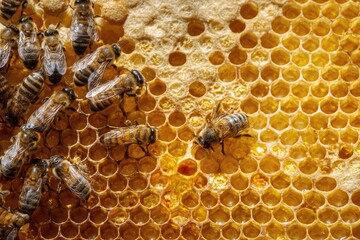 Bees crawling on and around a detailed close-up of a golden honeycomb structure