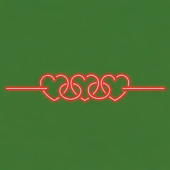 Four interconnected red neon hearts forming continuous line art ornament on solid green canvas