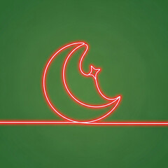 Glowing red neon crescent moon with star on green background minimalist celestial line art night sky symbol for design