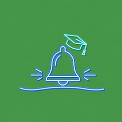 Educational blue neon graduation bell with mortarboard cap icon on green background glowing school ceremony line artwork