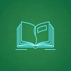 Open book with pages turning shown as cyan neon outline on dark green surface