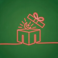 Red neon glowing gift box with crescent moon and star on green background, continuous line drawing for eid celebration