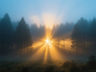 Ray of Sunlight Pierce Fog Forest