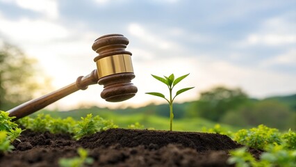 Agricultural Law and Land Ownership Concept &ndash; Hand Holding Wooden Gavel Over Farmland with Crop Rows Under Blue Sky, Legal Decision in Farming, Land Auction, Agricultural Policy, Rural Governance