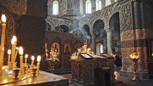 Armenian Great Lent background with stone monastery interior and candles religious atmosphere