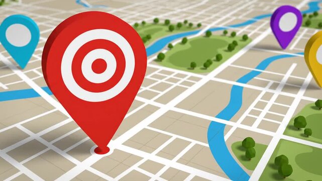 A video showcasing a colorful map with a target pin and multiple location markers.