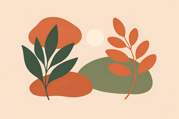 Minimalist botanical wall art featuring abstract plant leaves with organic shapes, earthy green and terracotta tones on a warm beige background, Scandinavian modern flat vector style, and balanced 