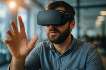 Immersive Digital Frontier: A man explores a virtual reality, his hand outstretched, hinting at the boundless possibilities of digital immersion and interactive experiences.