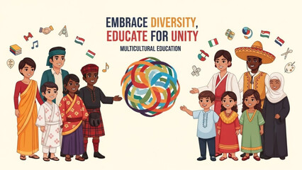 Diverse group of people from different cultures standing together in unity and education