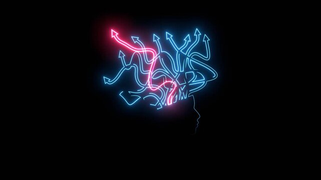 Thinking process. Arrow lines from human head. Business solution, possible idea variant, various flexible problem solving ways. Neon glowing.