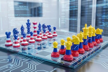 Strategic chess game between USA and venezuela flag pieces on high tech circuit board table