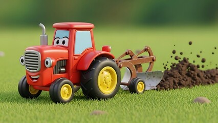 Obraz premium Red toy tractor plowing green grass.