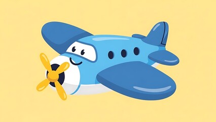 Smiling cartoon airplane on yellow background.