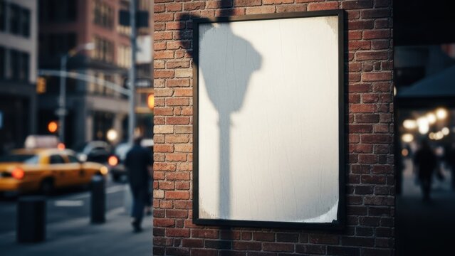 Urban street scene with a sunlit empty poster frame on a textured brick building wall showcasing a