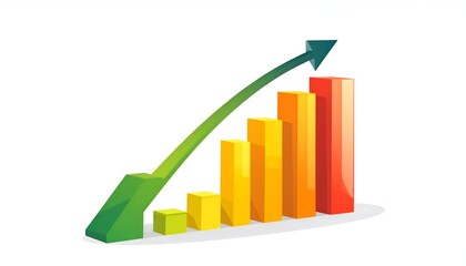 Colorful bar graph, with an upward green arrow indicating growth on a white background