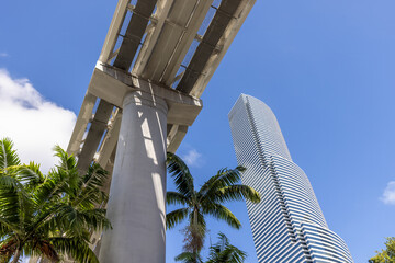 Miami downtown financial skyline and business shopping center near Biscayne bay and South beach.