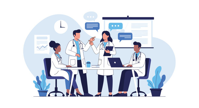 Diverse team of medical professionals and doctors having a meeting in a hospital conference room, discussing patient cases.