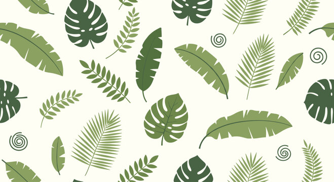 Seamless pattern with a variety of green tropical leaves, including monstera and palm, on a light background for summer design.