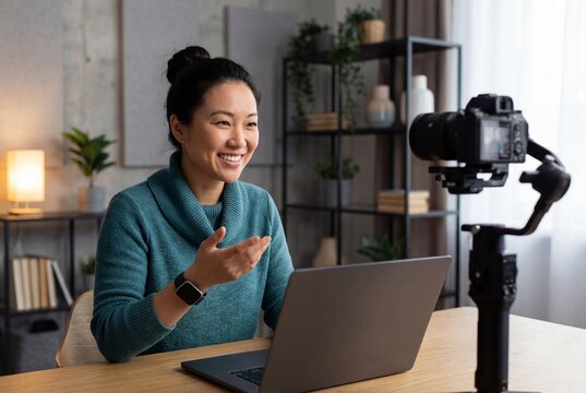 Cheerful asian woman filming video blog content with camera and laptop in modern home office