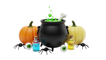 Halloween Witch's Cauldron with Pumpkins, Spiders, and Potions