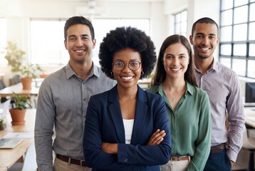 Diverse team of young professionals smiling confidently in a modern bright office setting