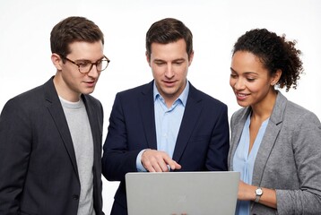 Three diverse business professionals collaborating on a laptop computer in a bright studio environment