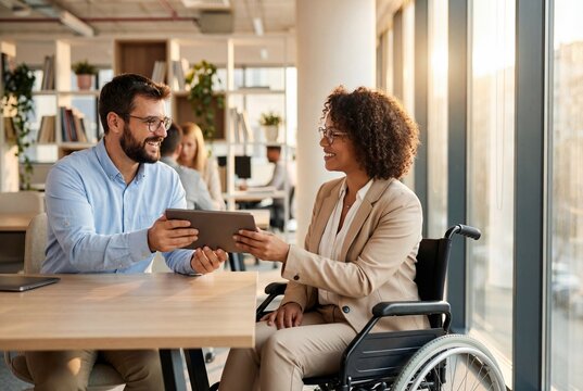 Man and woman in wheelchair collaborating on tablet in modern office - Powered by Adobe