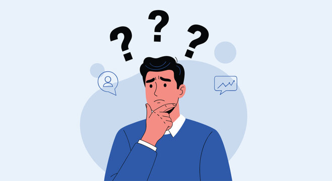 Confused young man thinking with his hand on his chin, surrounded by large question marks, illustrating doubt and indecision.