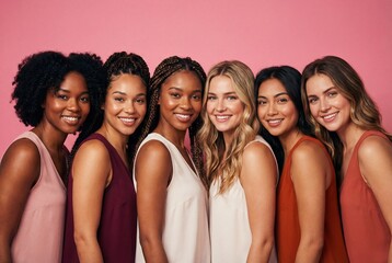 Obraz premium Diverse group of six young women smiling together against a vibrant pink background