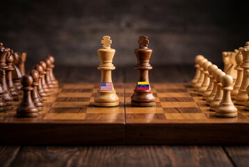 Wooden chess kings with USA and venezuela flags facing each other symbolizing international conflict