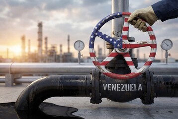 Worker hand operating USA flag valve on venezuela oil pipe with leakage in industrial refinery