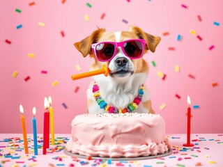 Cute dog wearing sunglasses and party hat celebrates birthday with cake and confetti