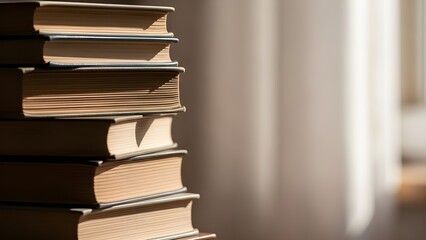 Fototapeta premium Close up view of stacked books with soft natural light and shallow depth of field. Education, knowledge, learning, and reading concept with copy space, suitable for publishing, study, and academic.