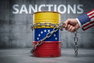 Hand with USA flag sleeve holding steel chains around venezuela oil barrel with sanctions text