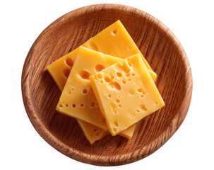 Cheese slices, stack atop a textured wooden bowl, amber color, eyelets visible