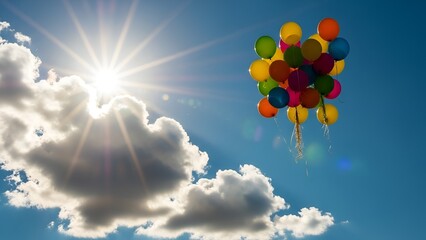 Colorful balloons soar into a radiant sky, bringing joy and a burst of color against the bright