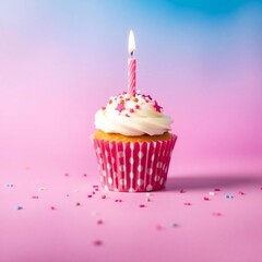 Sweet birthday cupcake with pink frosting and candle