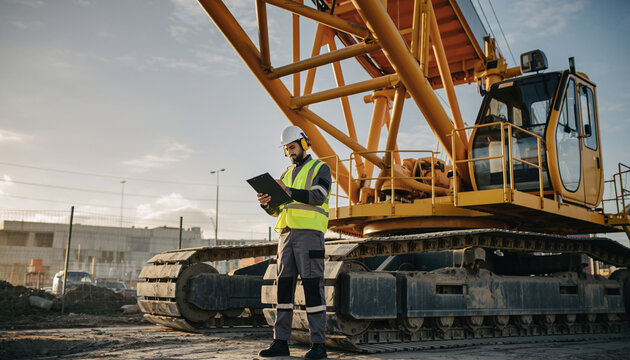 Construction worker inspecting large yellow crane on site with clipboard, wearing safety gear during daytime with clear sky