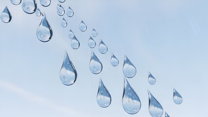 Delicate cascade of glistening water droplets against a soft azure background composition