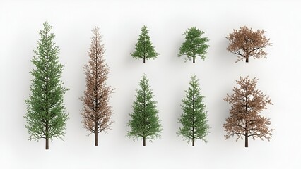 Diverse tree arrangement showcasing coniferous and deciduous types with varying textures and green