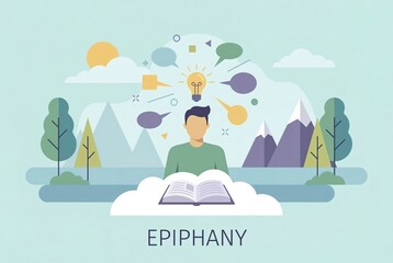 Illustration of a person having a breakthrough, surrounded by symbols of ideas, with mountains and clouds in the background.